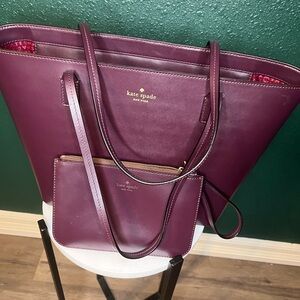 Kate Spade New York Leather Tote Bag w/ Matching Zip Pouch Burgundy